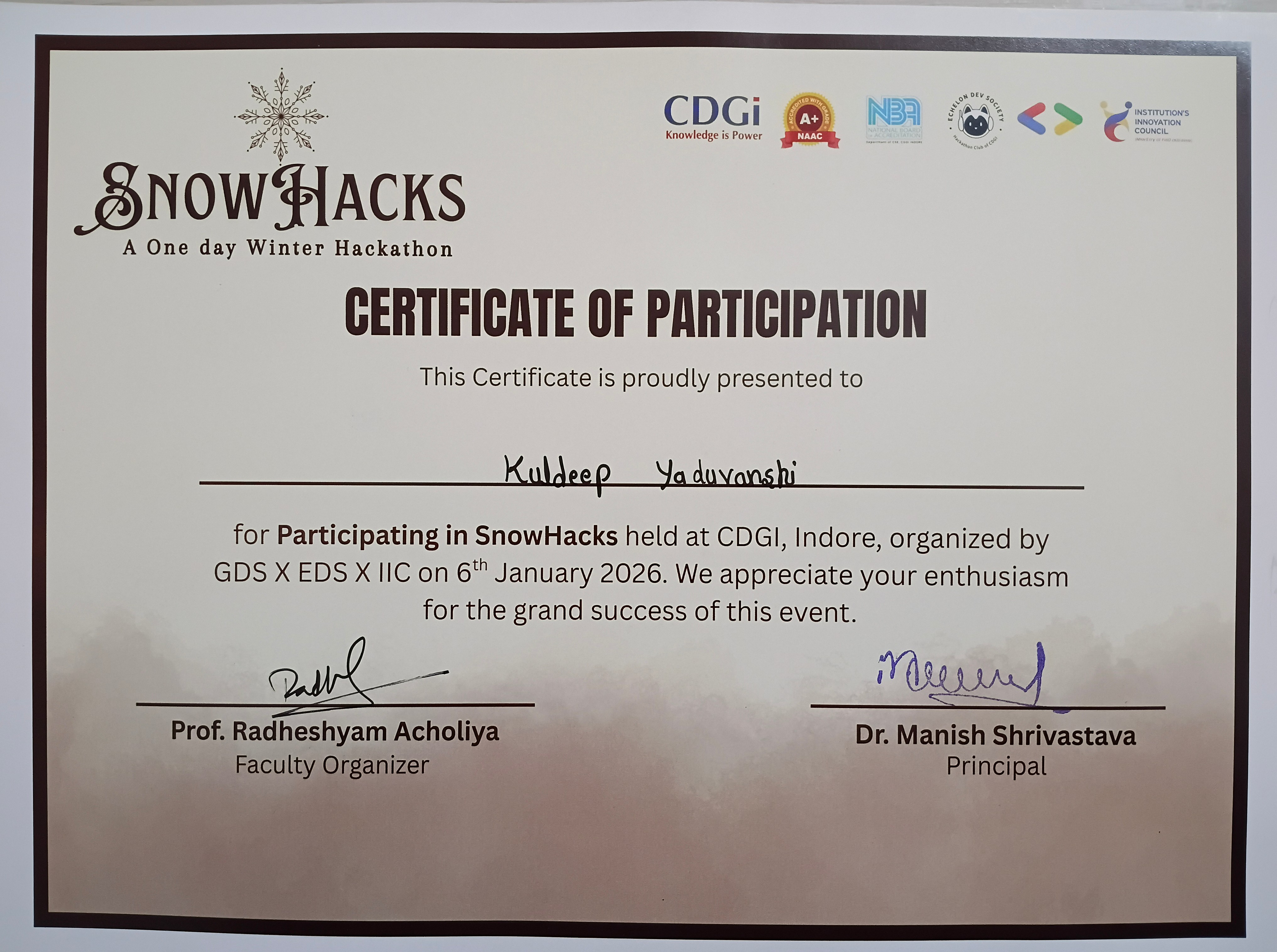 SnowHacks Certificate